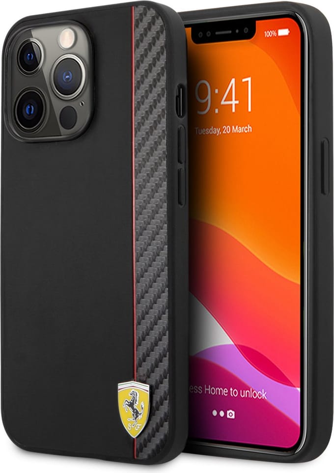 Ferrari iPhone 13 Pro Max Cover Carbon Effect Metal Logo Vertical Stripe - Black