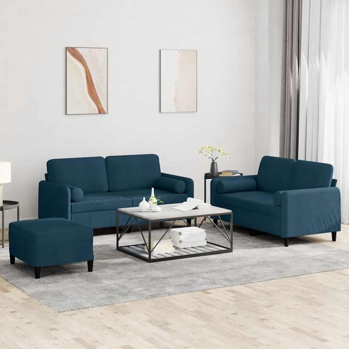 vidaXL - 3-delige - Loungeset - met - kussens - fluweel - blauw