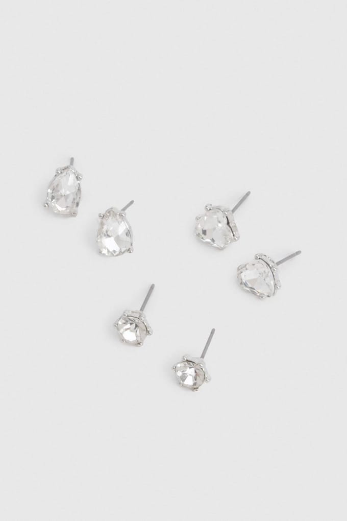 boohoo Dames Diamante Oorknopjes 3-Pack | Zilver