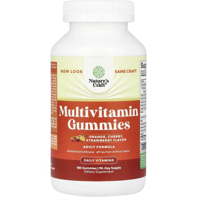 Nature's Craft, multivitamin gummies, orange, cherry, strawberry, 180 gummies