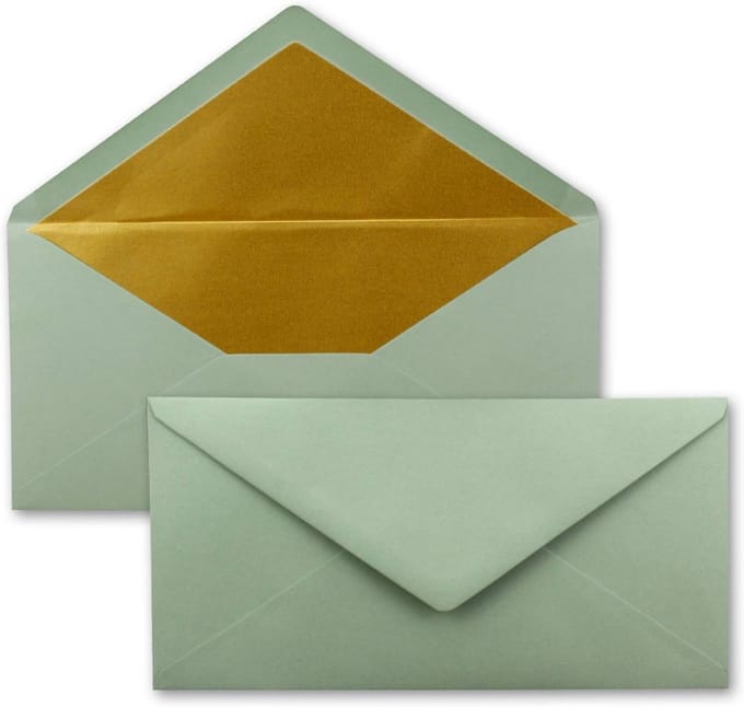 150 DIN Lang Enveloppen Groen Eucalyptus met Gouden Metallic Binnenkant