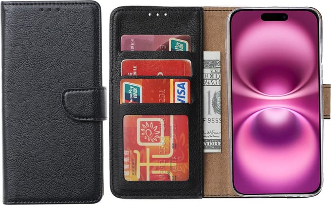 Hoesje Geschikt voor iPhone 16 – Arara bookcase met pasjeshouder - Zwart
