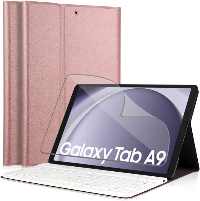 Hoes met Toetsenbord geschikt voor Samsung Tab A9 / Tab A11 - Screen Protector FlexGuard - KeyGuard Book Case Cover Kunstleer Roségoud & Screenprotector