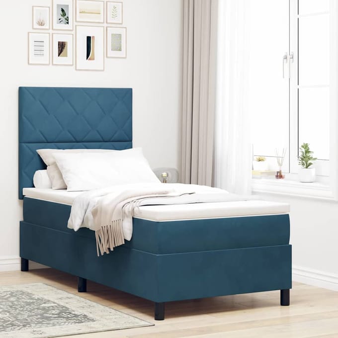 vidaXL - LED - Box - Spring - Bed - Donkerblauw - 90 - x - 190 - cm - Fluweel