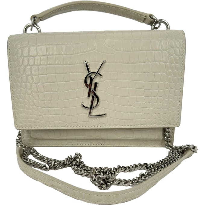Saint Laurent Krokodillenmotief Sunset Wallet on Chain in Crème Leer