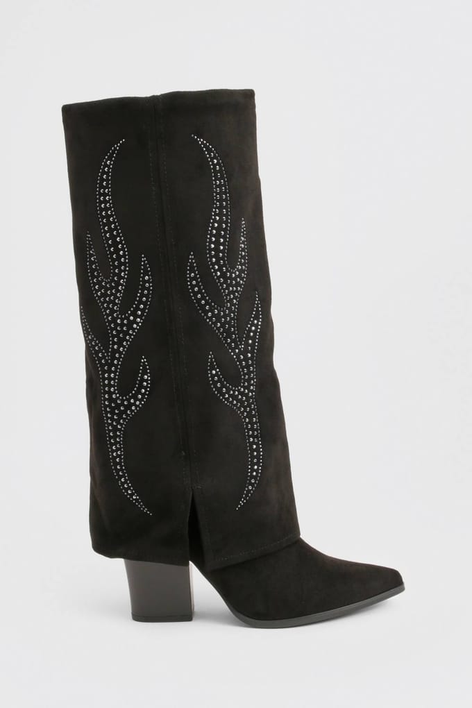 boohoo Dames Western gedetailleerde omgeslagen laars | Black | Maat: 3
