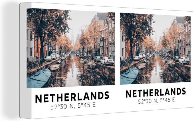 Canvas Schilderij Nederland - Grachten - Herfst - Amsterdam - 80x40 cm - Wanddecoratie