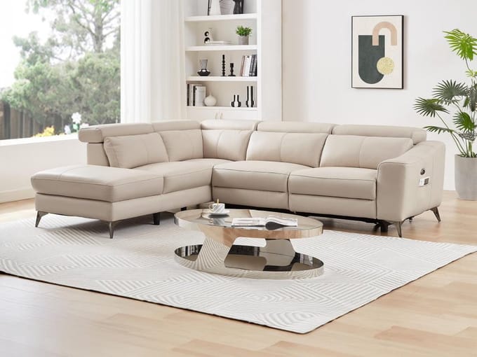 Vente-unique Elektrische relaxhoekbank met linkse hoek – Crèmewit leder – FORLO