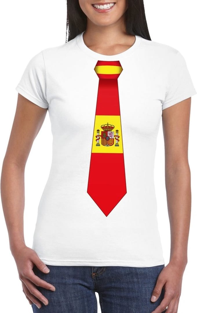 Wit t-shirt met Spaanse vlag stropdas dames - Spanje supporter M