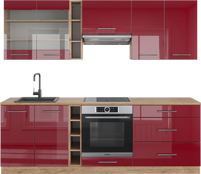 Vicco Fame-Line Complete keukeneenheid – 235 cm, WB Eik Bordeaux hoogglans/gouden eik