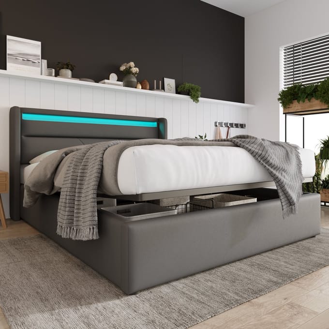 MODFU Bedframe 140x200 cm – Met LED-hoofdbord, hydraulische opbergruimte én matras – PU-leer – Grijs