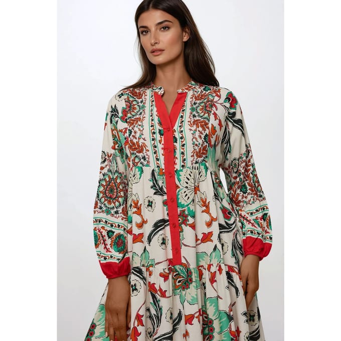 Gedrukte Lange Mouwen Viscose Maxi Jurk