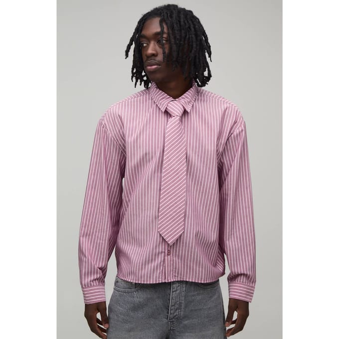 Oversized Boxy Gestreept Overhemd Met Stropdas | Red | Size Large