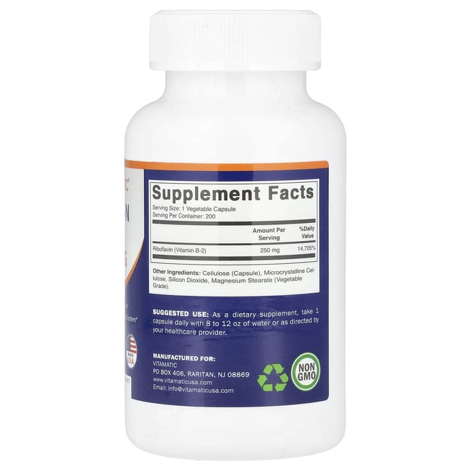 Vitamatic, Vitamine B2, 250 mg, 200 gélules végétales