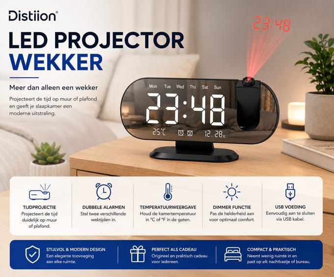 Distiion Projectiewekker met Spiegeldisplay - Digitale LED Wekker - 180° Projectie - Dubbel Alarm - USB - Temperatuur - Luchtvochtigheid