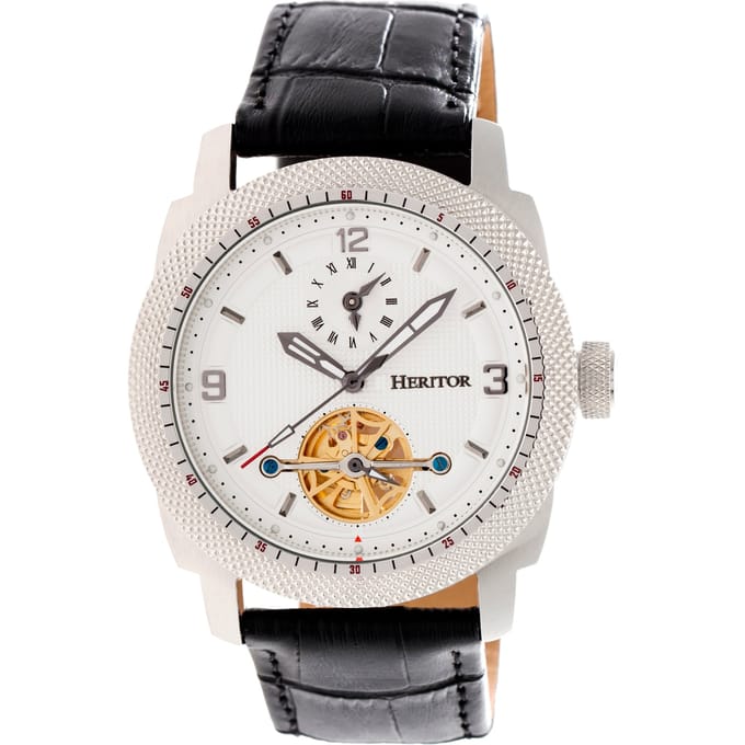 Heritor Automatic Helmsley Semi-Skelet leren band horloge - Zilver/Wit