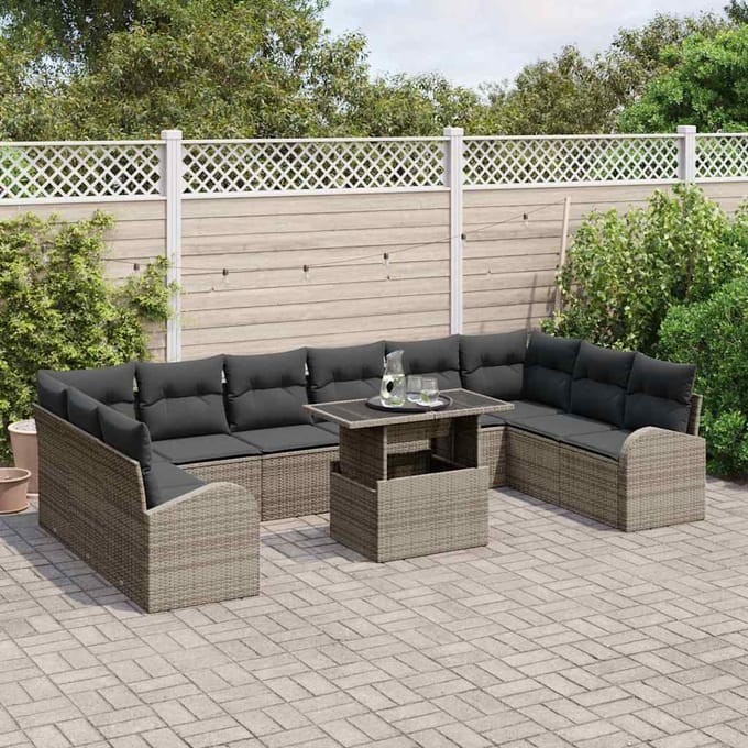 vidaXL Tuinbank Set met kussen 11 pcs Grijs poly rattan