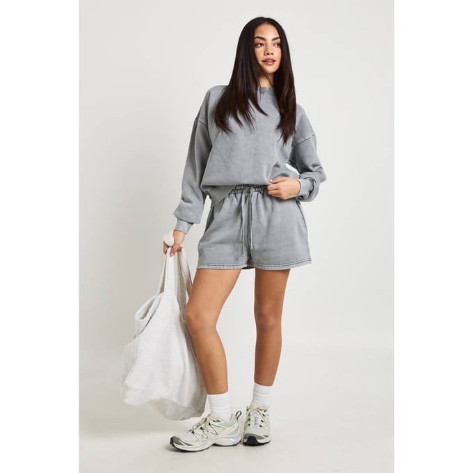 boohoo Dames Gewassen Crew Neck Sweatshirt Korte Joggingpak | Lichtgrijs | Maat: Small