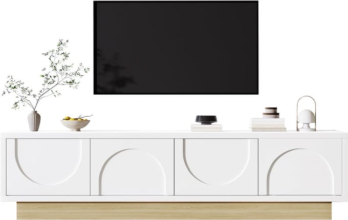 TV-Meubel - 175 cm - Met Opbergruimte En Kabelmanagement - Gebogen Design - Houtlook - Wit