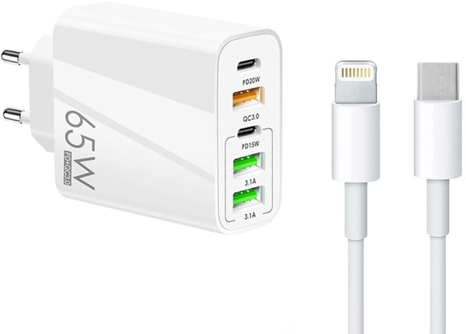 65W 5-Poorts USB Lader met Dual USB-C PD + 3X USB-A - Inclusief 1 meter 3A USB-C naar 8-Pin Kabel - Snellader - wit