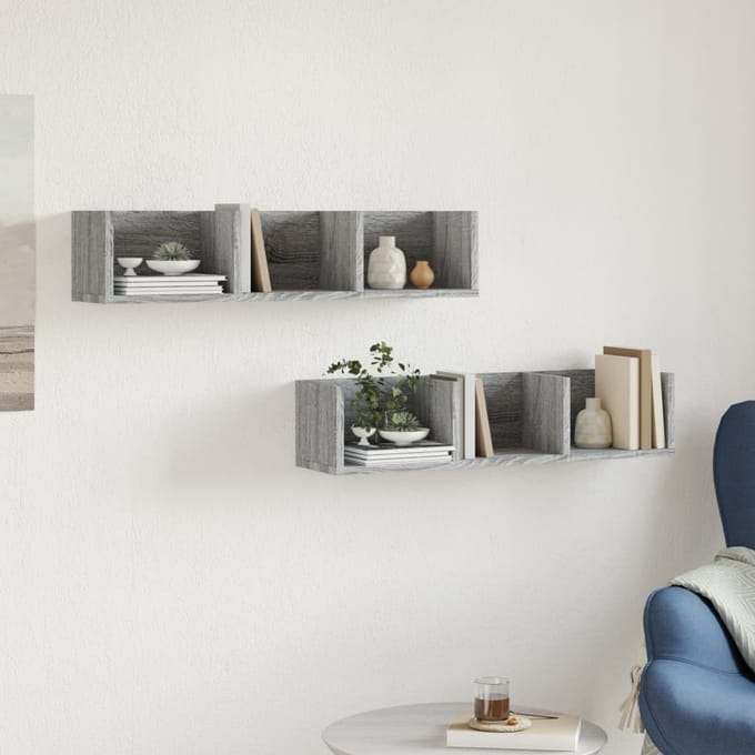 vidaXL - Wandkasten - 2 - st - 75x18x16,5 - cm - bewerkt - hout - grijs - sonoma - eiken