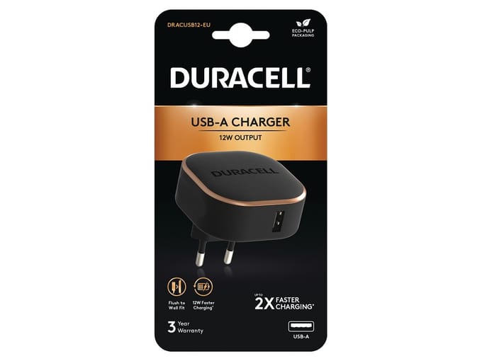 Duracell | DRACUSB12-EU | 12W Wall Fit USB-A Adapter | Telefoon/Tablet Oplader | 2.4A | Zwart