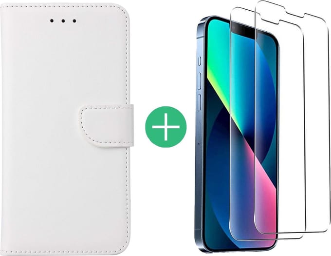 Hoesje Geschikt voor iPhone 13 bookcase met 2 Pack Screenprotector gehard glas – Wit