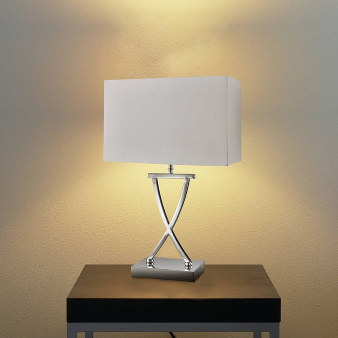Searchlight Club tafellamp, chroom/wit, 35,5 cm hoog, textiel, E14