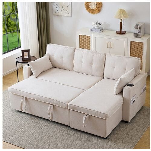 KOMHTOM Sofa's met slaapfunctie, L-vormige sofa's, gestoffeerde meubelen, sofa's, loungers met bekerhouders,Beige