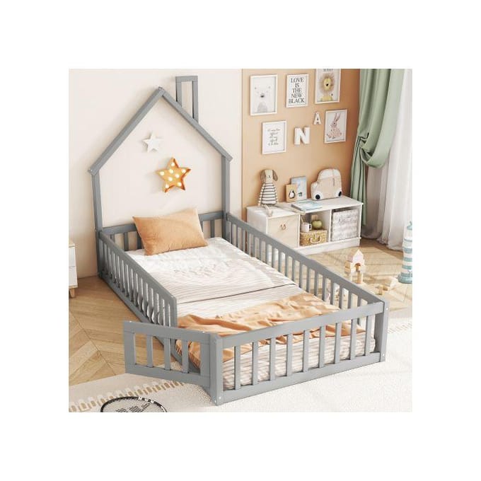 Kinderbed - MUVOE - 90 x 200 cm - Haardontwerp - Veiligheidshek - Grijs grijs