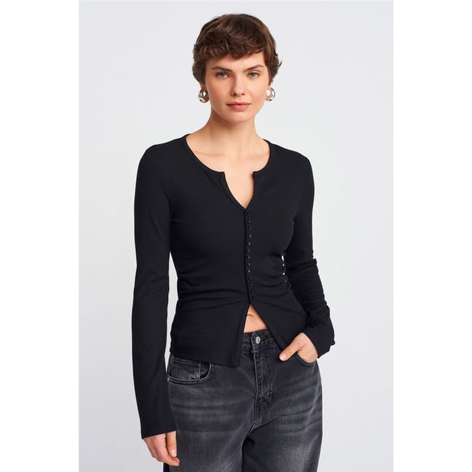 Slim Fit Geribbelde Blouse met Knopen aan de Voorkant