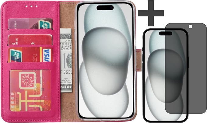 Hoesje met Privacy Screenprotector Geschikt voor iPhone 15 – Arara bookcase met pasjeshouder - Roze