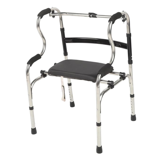 Opvouwbare loopwagen met PU-zitting, opsta-hulpen, 6 verstelbare hoogtes, 2 loopmodi, roestvrij staal black
