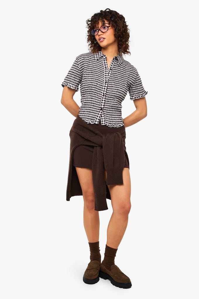 boohoo Dames Geplooide gingham crop top | Chocolate | Maat: 6