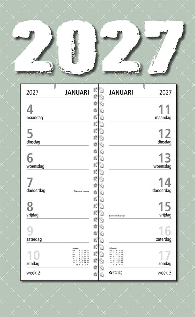 MGPcards - Omlegweekkalender 2027 - Week begint op maandag - 21 x 34 cm - Groen
