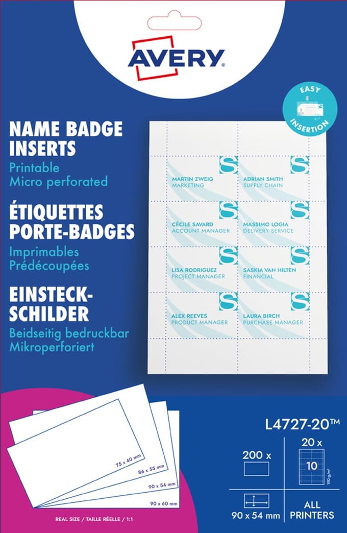 Insteekkaart Avery voor naam- - badges 86x55 wit 190grs 8st. p