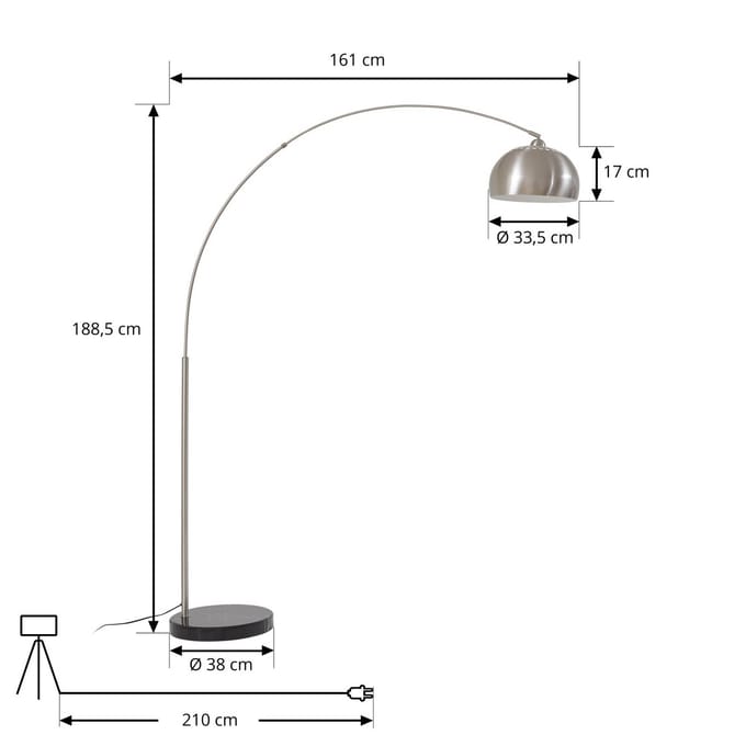 Lindby booglamp Hernando, nikkel, staal, hoogte 188 cm