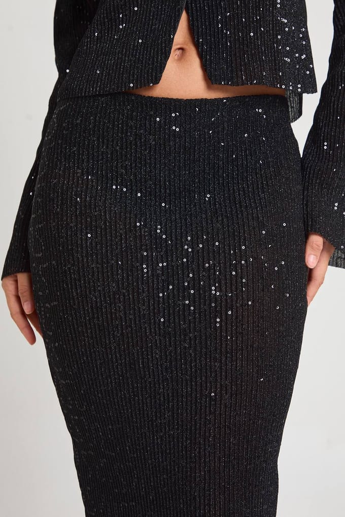 boohoo Dames Pailletten Ribkolom Maxirok | Black | Maat: 6
