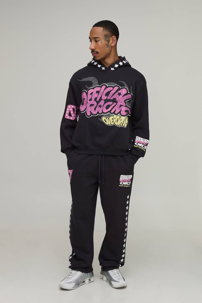 Oversized Boxy Moto Grafische Puff Print Trainingspak Met Capuchon | Black | Size Medium