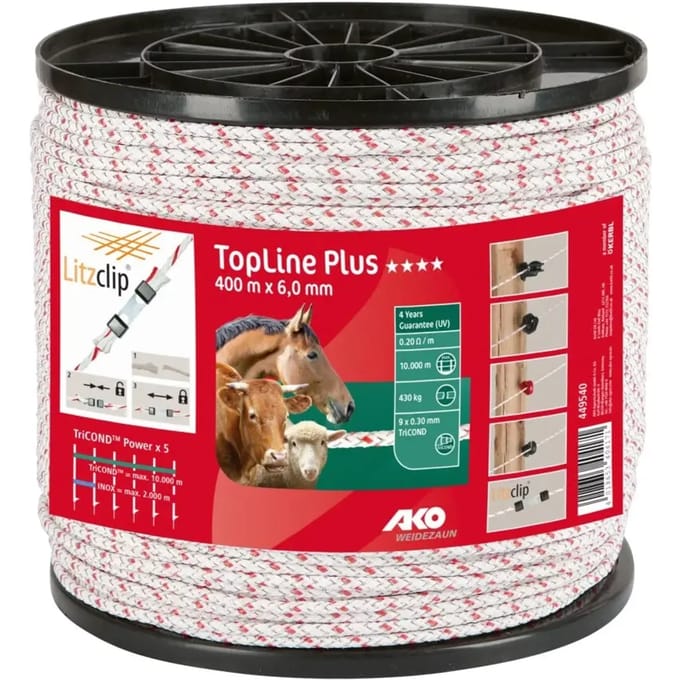 KERBL AKO Topline Plus gevl. Koord 5,5mm. 400m wit/rood 9x0.28mm
