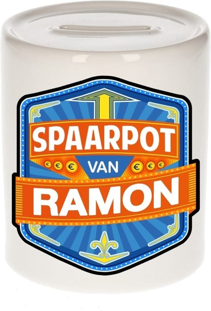 Bellatio Decorations Kinder spaarpot met naam - Ramon - keramiek - met dop - wit - Sparen - Spaargeld van Ramon