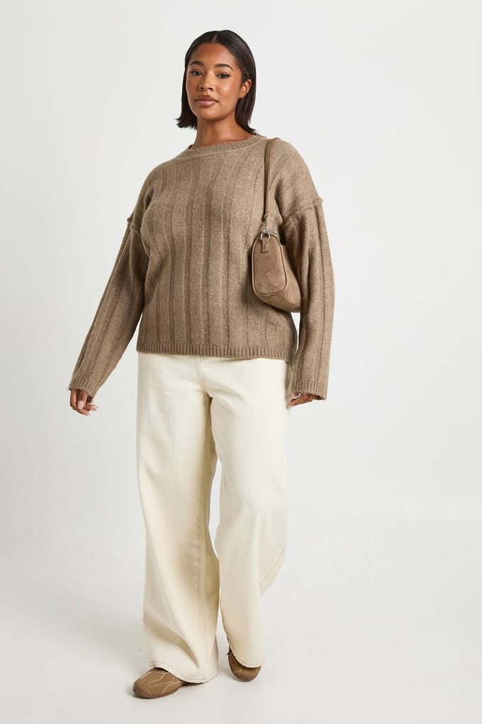 boohoo Dames Plus Soft Wide Rib Oversized Trui | Mokka | Maat: 46