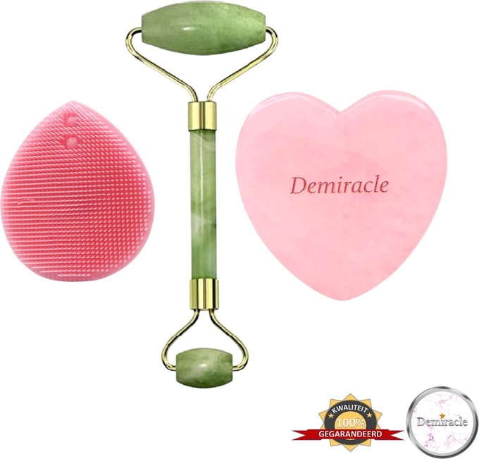 Demiracle® Face Roller & Gua Sha Love Bundle met Roze Siliconen Gezichtsborstel – Jade – Rose Quartz – Face Rollers – Gezichtsmassage – Massagetools – Massage - Ontspanning – Kwaliteit