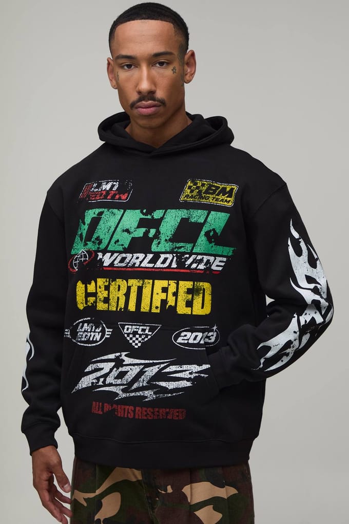 Zwarte Oversized Hoodie Met Moto Print | Black | Size Small