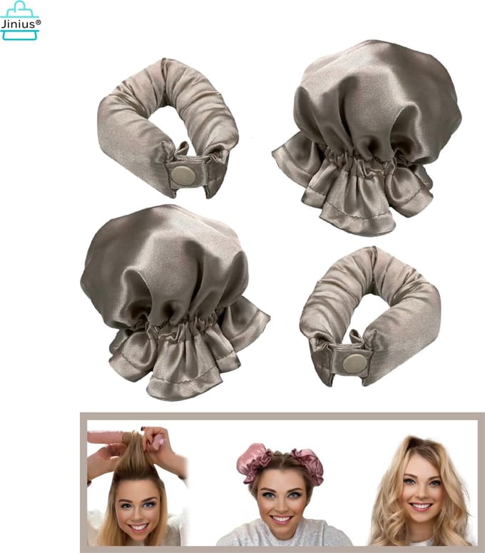 Heatless Curls - Zero Heat Bun-Bon - Grijs - Zero Heat Bun - Hittevrije Krullen - Haarrollers - Satijnen Haarkruller - Bekend van TikTok - Set van 2 rollers & 2 kapjes