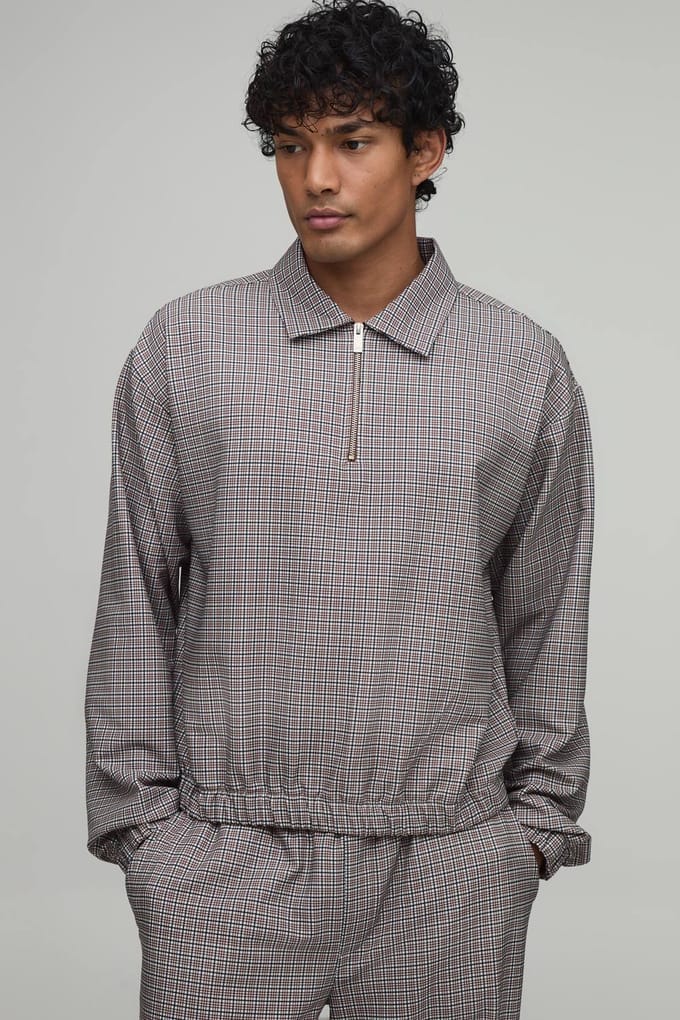 Oversized Geruit Technisch Stretch Harrington Overshirt | Ecru | Size Small