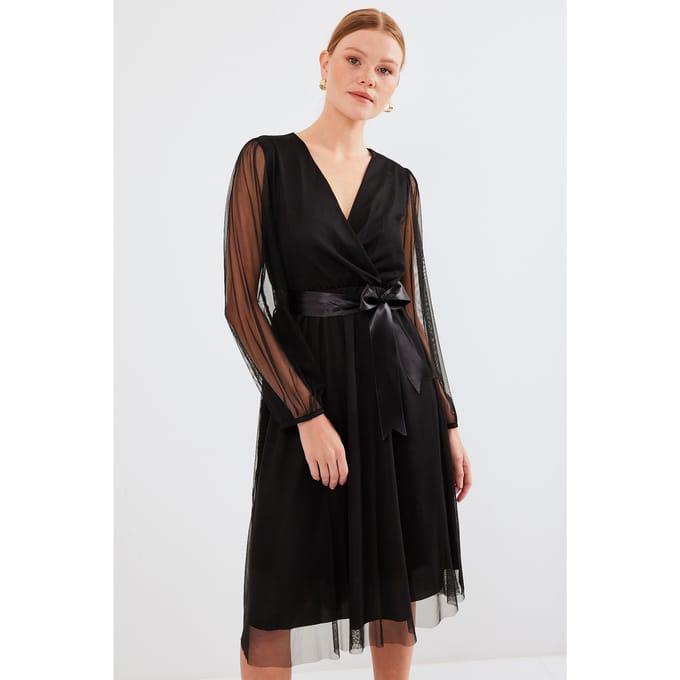Midi Tule Jurk met Strik en V-hals