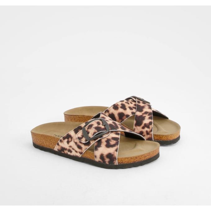 boohoo Dames Wide Fit Single Strap Footbed Sliders | Luipaardprint | Maat: 36