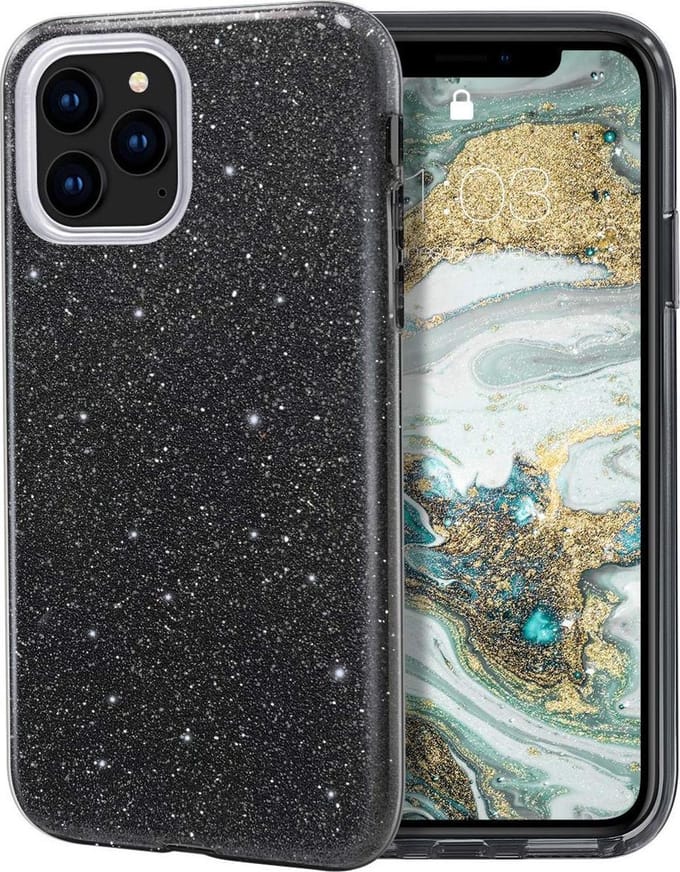 HB Hoesje Geschikt voor Apple iPhone 12 / Apple iPhone 12 Pro - Zwart - Glitter Back Cover