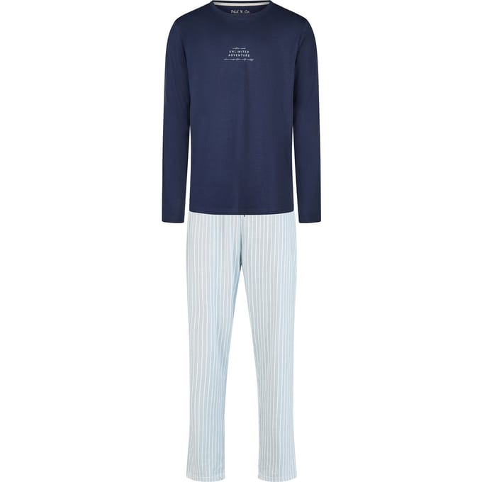 Phil & Co Heren Pyjama Set Lang Donkerblauw/Lichtblauw Gestreept - Maat M